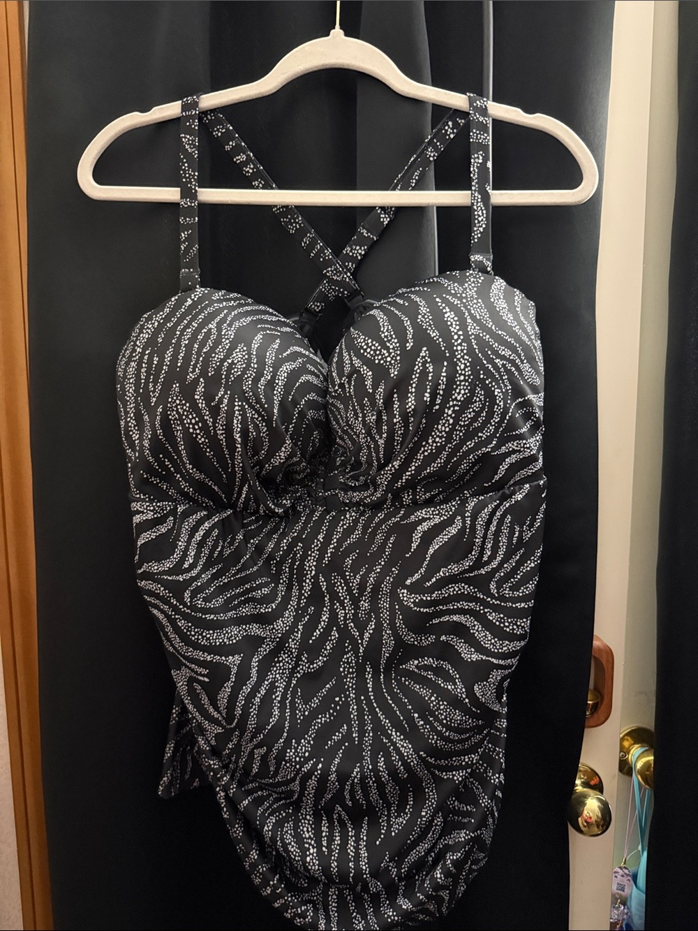 Cacique Black and White Zebra-Print Swim Bodysuit with Crisscross Straps